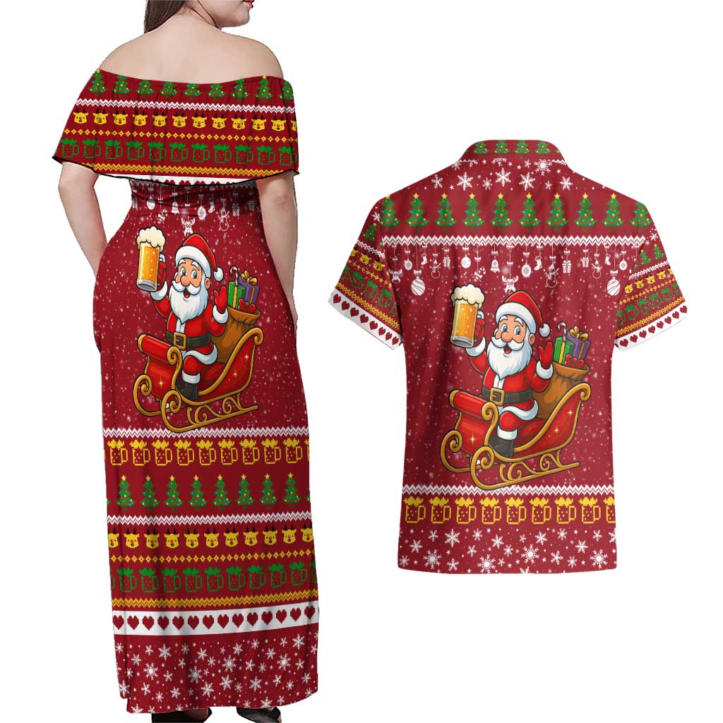 One More Night Santa Beer Christmas Couples Matching Off Shoulder Maxi Dress and Hawaiian Shirt Xmas Holiday Patterns - Wonder Print Shop