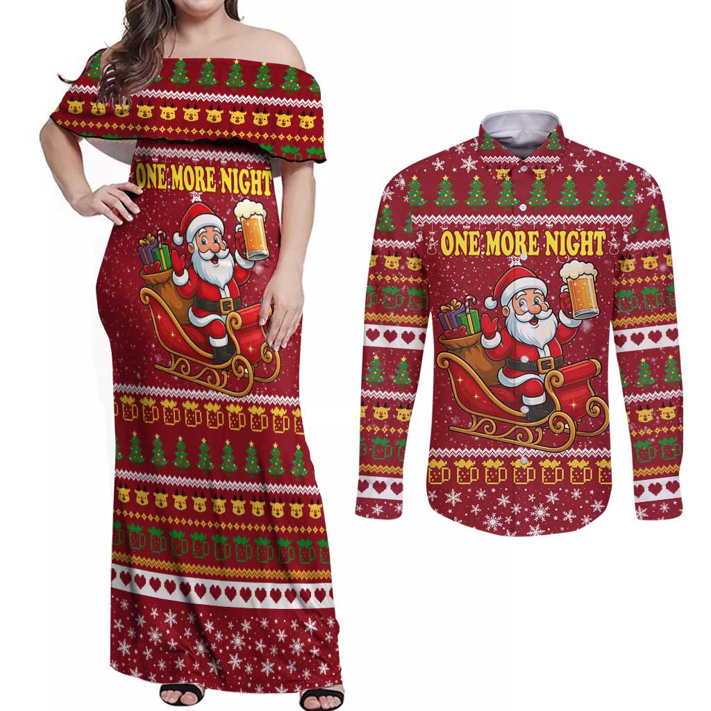 One More Night Santa Beer Christmas Couples Matching Off Shoulder Maxi Dress and Long Sleeve Button Shirt Xmas Holiday Patterns - Wonder Print Shop