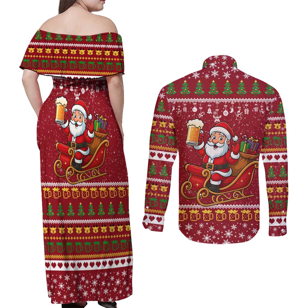One More Night Santa Beer Christmas Couples Matching Off Shoulder Maxi Dress and Long Sleeve Button Shirt Xmas Holiday Patterns - Wonder Print Shop