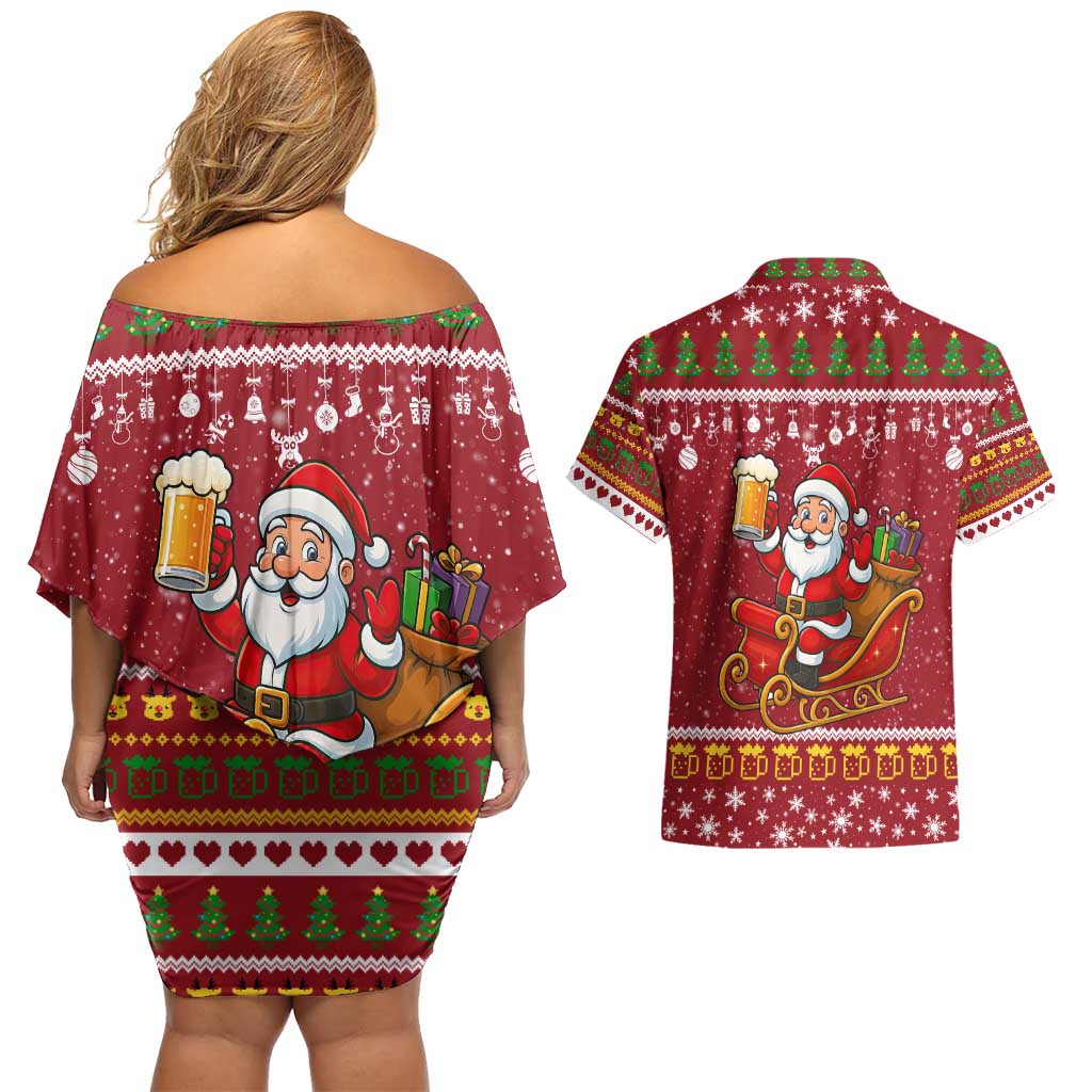 One More Night Santa Beer Christmas Couples Matching Off Shoulder Short Dress and Hawaiian Shirt Xmas Holiday Patterns - Wonder Print Shop