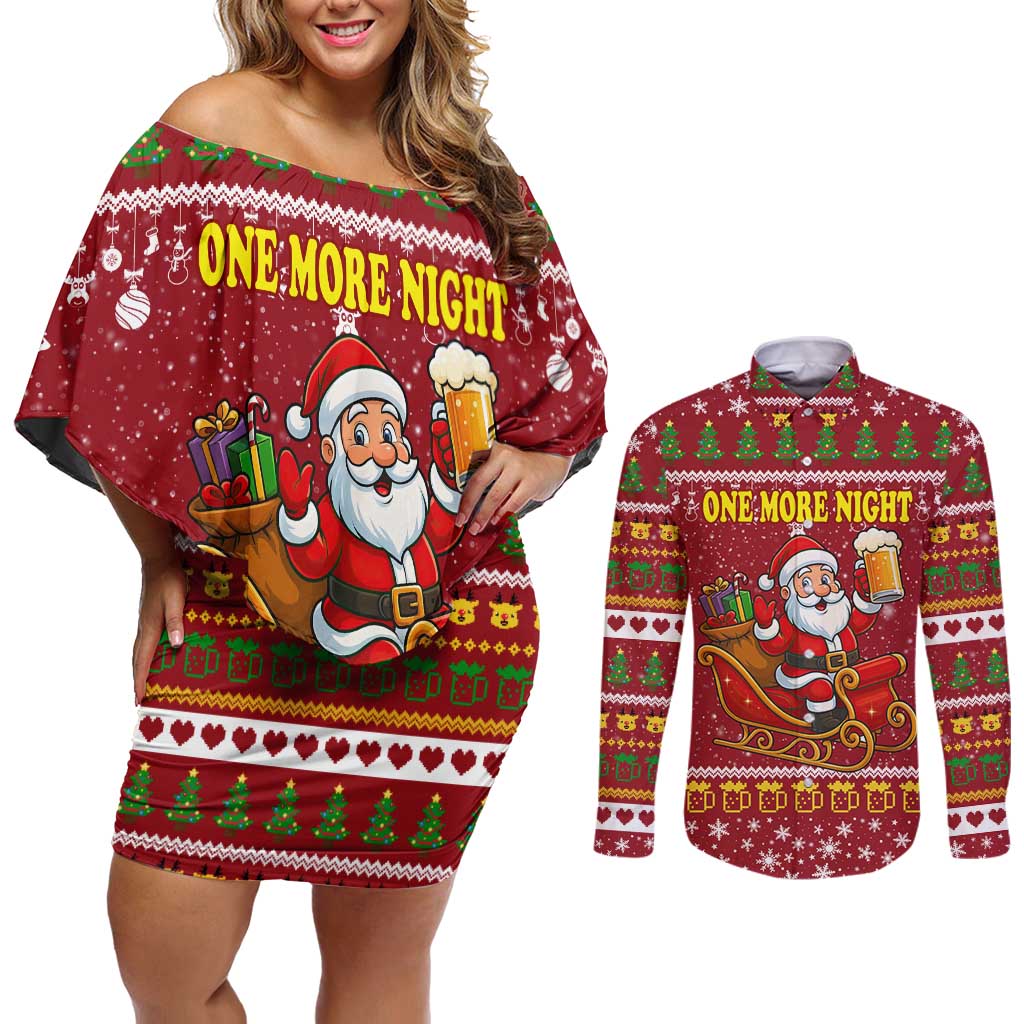 One More Night Santa Beer Christmas Couples Matching Off Shoulder Short Dress and Long Sleeve Button Shirt Xmas Holiday Patterns - Wonder Print Shop