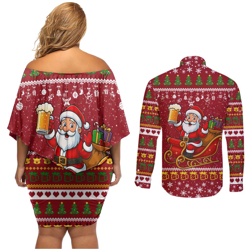 One More Night Santa Beer Christmas Couples Matching Off Shoulder Short Dress and Long Sleeve Button Shirt Xmas Holiday Patterns - Wonder Print Shop