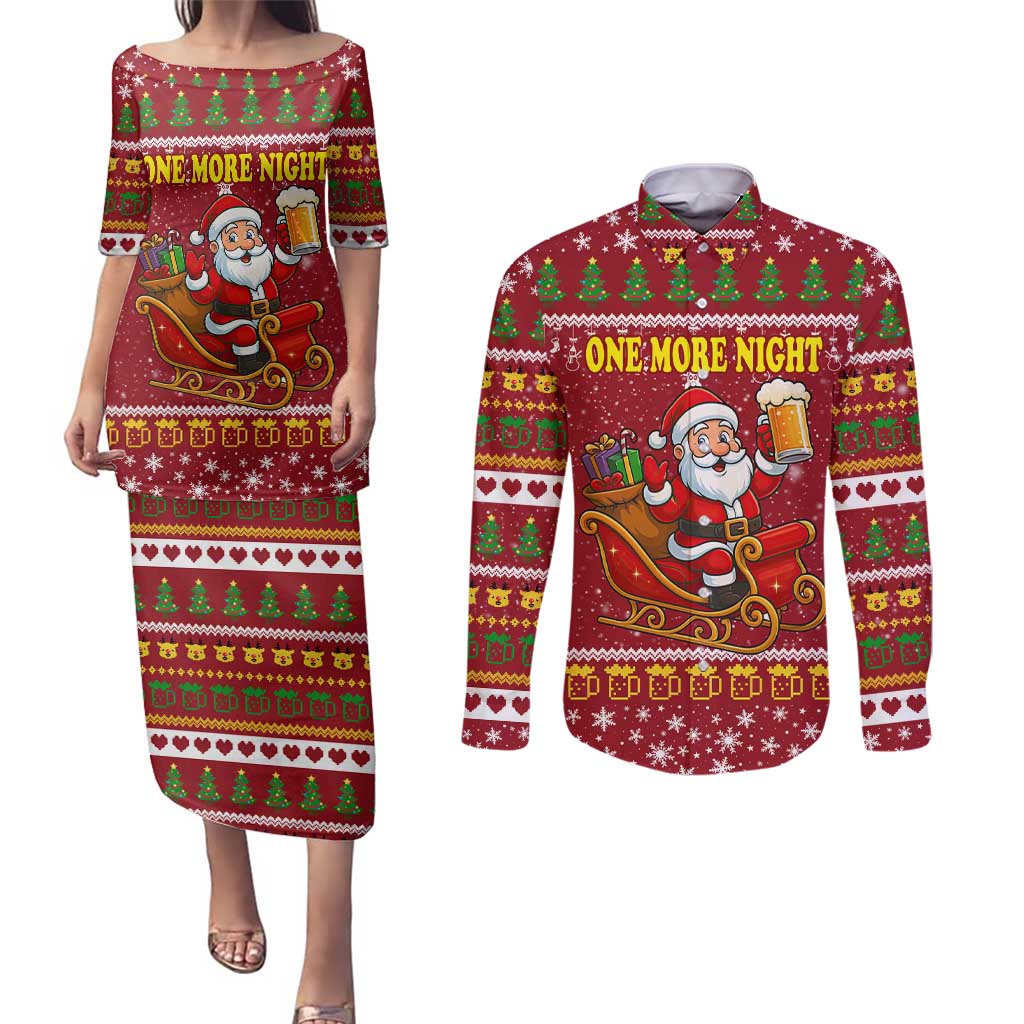 One More Night Santa Beer Christmas Couples Matching Puletasi and Long Sleeve Button Shirt Xmas Holiday Patterns - Wonder Print Shop