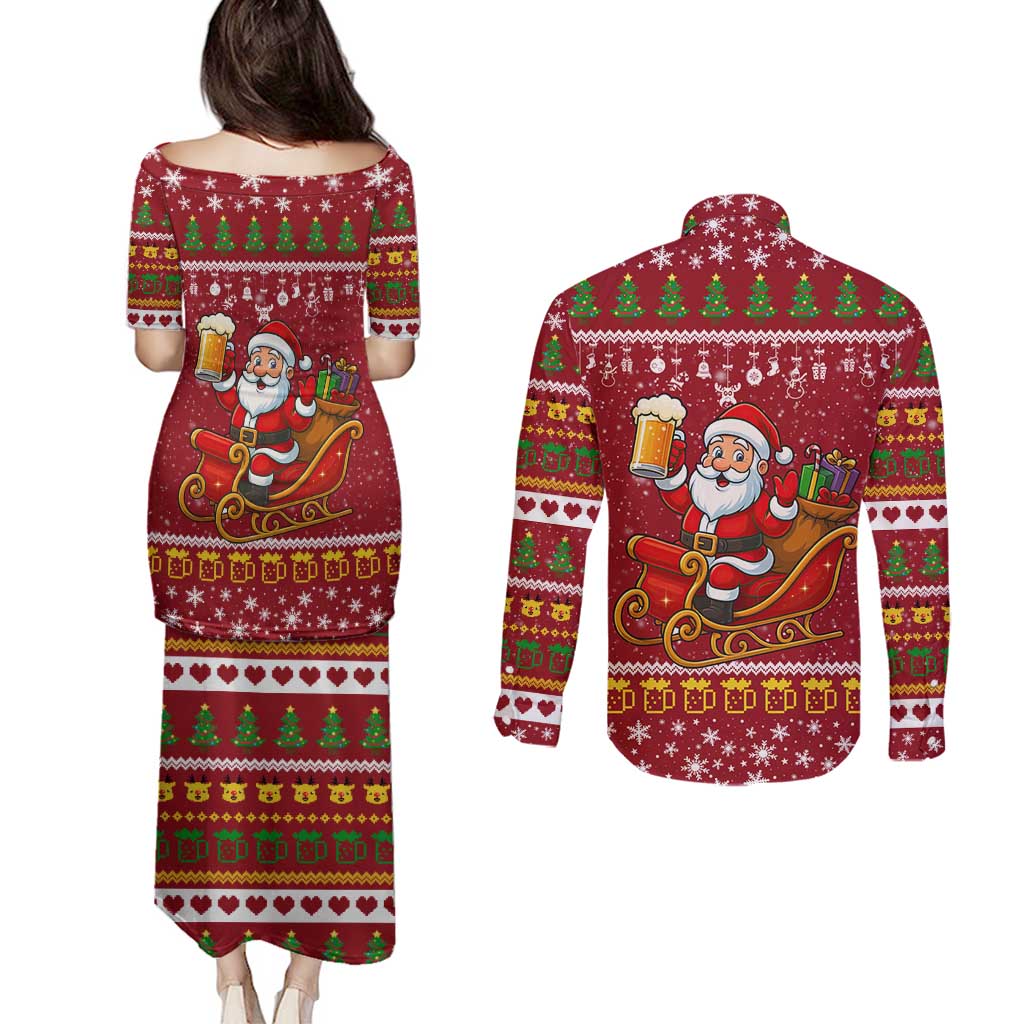 One More Night Santa Beer Christmas Couples Matching Puletasi and Long Sleeve Button Shirt Xmas Holiday Patterns - Wonder Print Shop