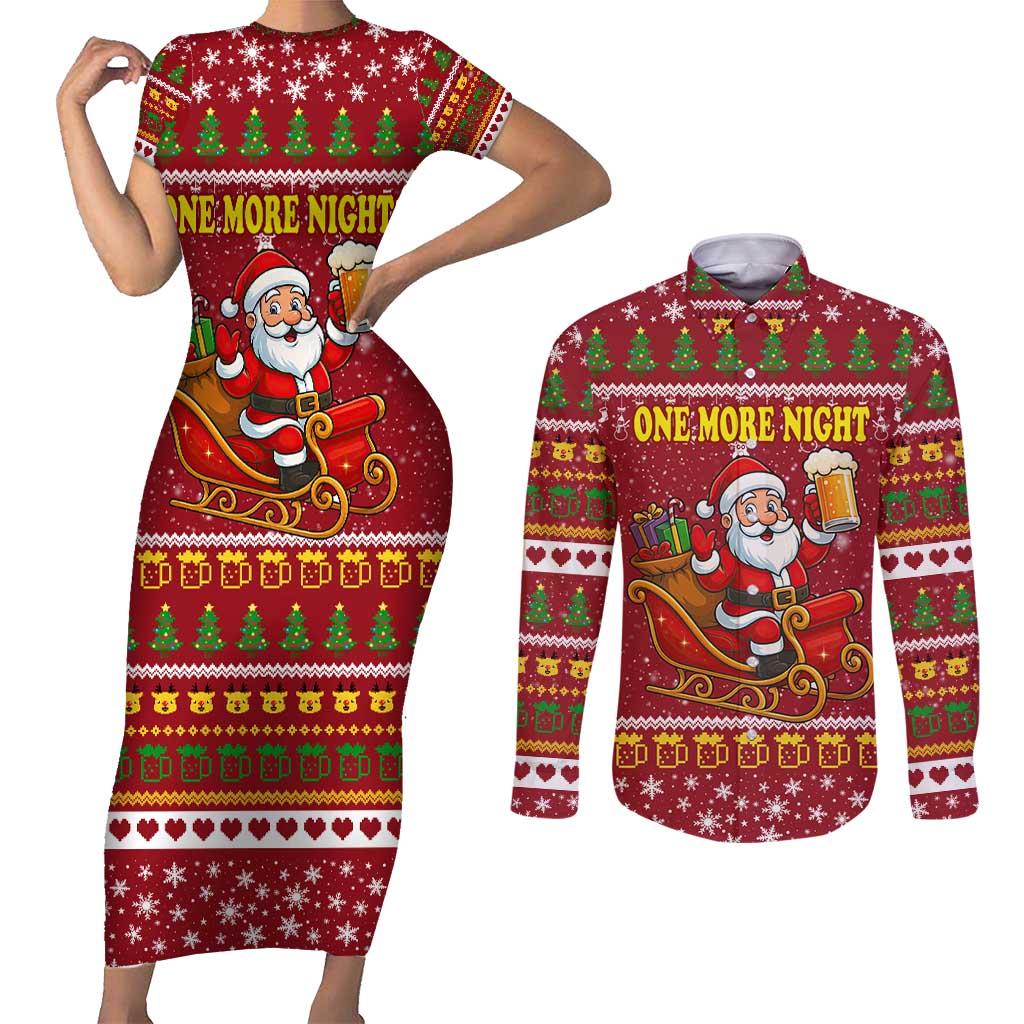 One More Night Santa Beer Christmas Couples Matching Short Sleeve Bodycon Dress and Long Sleeve Button Shirt Xmas Holiday Patterns - Wonder Print Shop