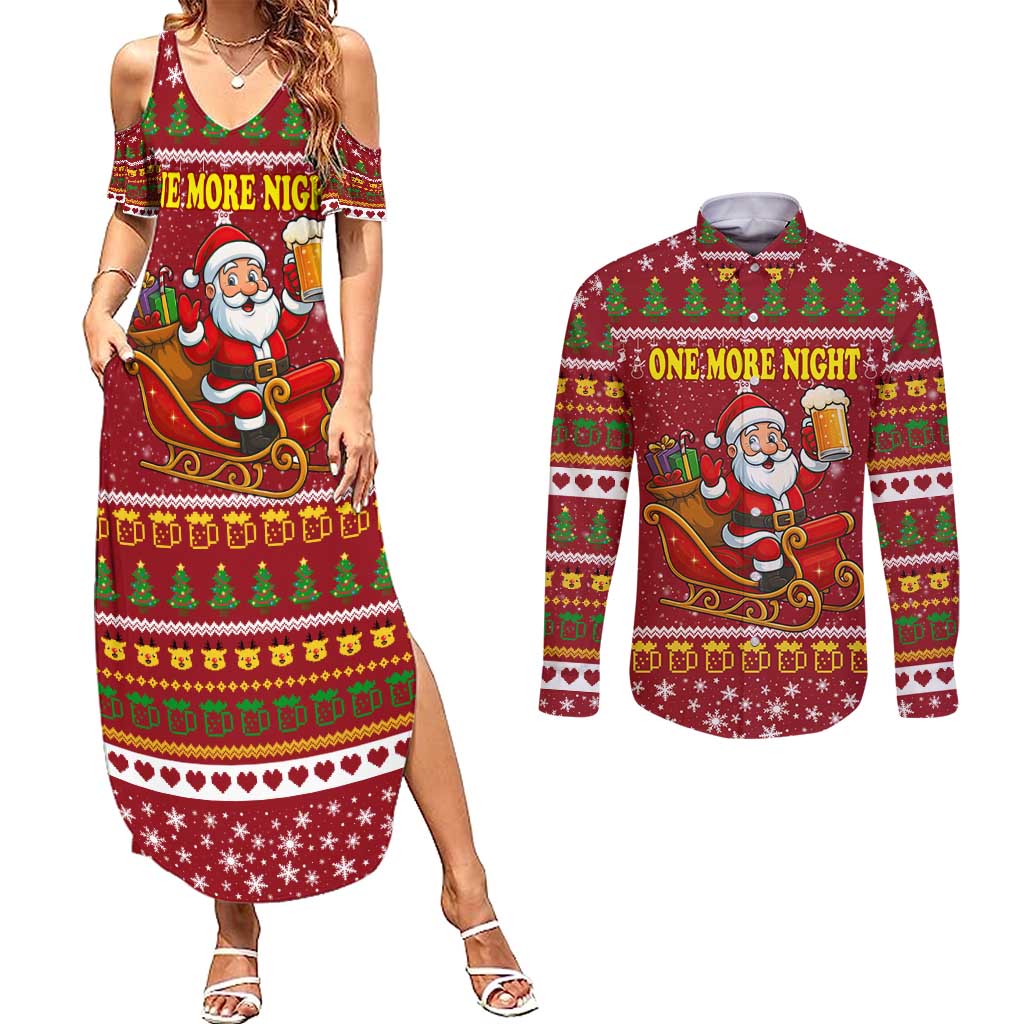 One More Night Santa Beer Christmas Couples Matching Summer Maxi Dress and Long Sleeve Button Shirt Xmas Holiday Patterns - Wonder Print Shop