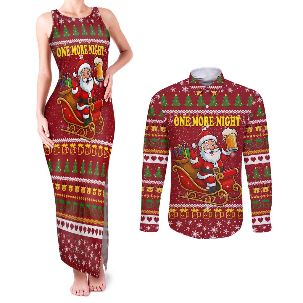 One More Night Santa Beer Christmas Couples Matching Tank Maxi Dress and Long Sleeve Button Shirt Xmas Holiday Patterns - Wonder Print Shop
