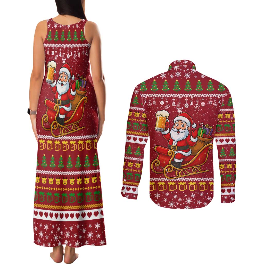 One More Night Santa Beer Christmas Couples Matching Tank Maxi Dress and Long Sleeve Button Shirt Xmas Holiday Patterns - Wonder Print Shop