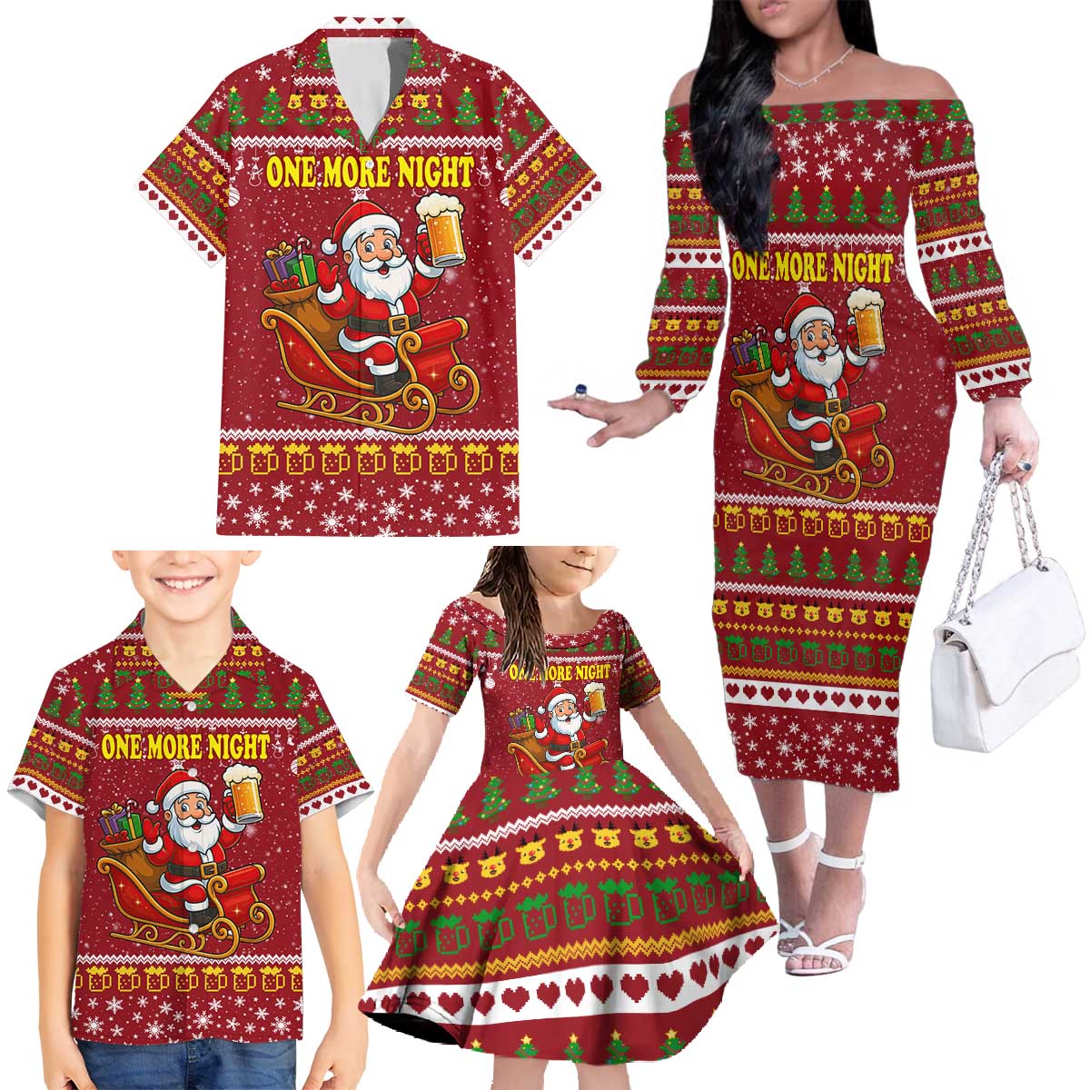 One More Night Santa Beer Christmas Family Matching Off The Shoulder Long Sleeve Dress and Hawaiian Shirt Xmas Holiday Patterns - Wonder Print Shop