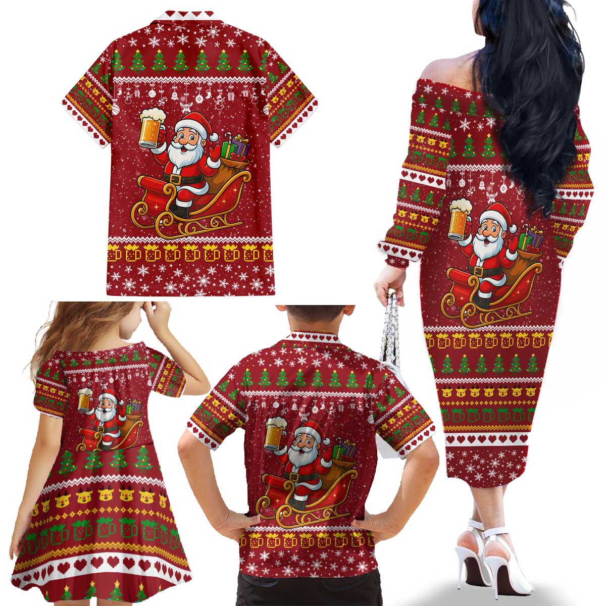 One More Night Santa Beer Christmas Family Matching Off The Shoulder Long Sleeve Dress and Hawaiian Shirt Xmas Holiday Patterns - Wonder Print Shop
