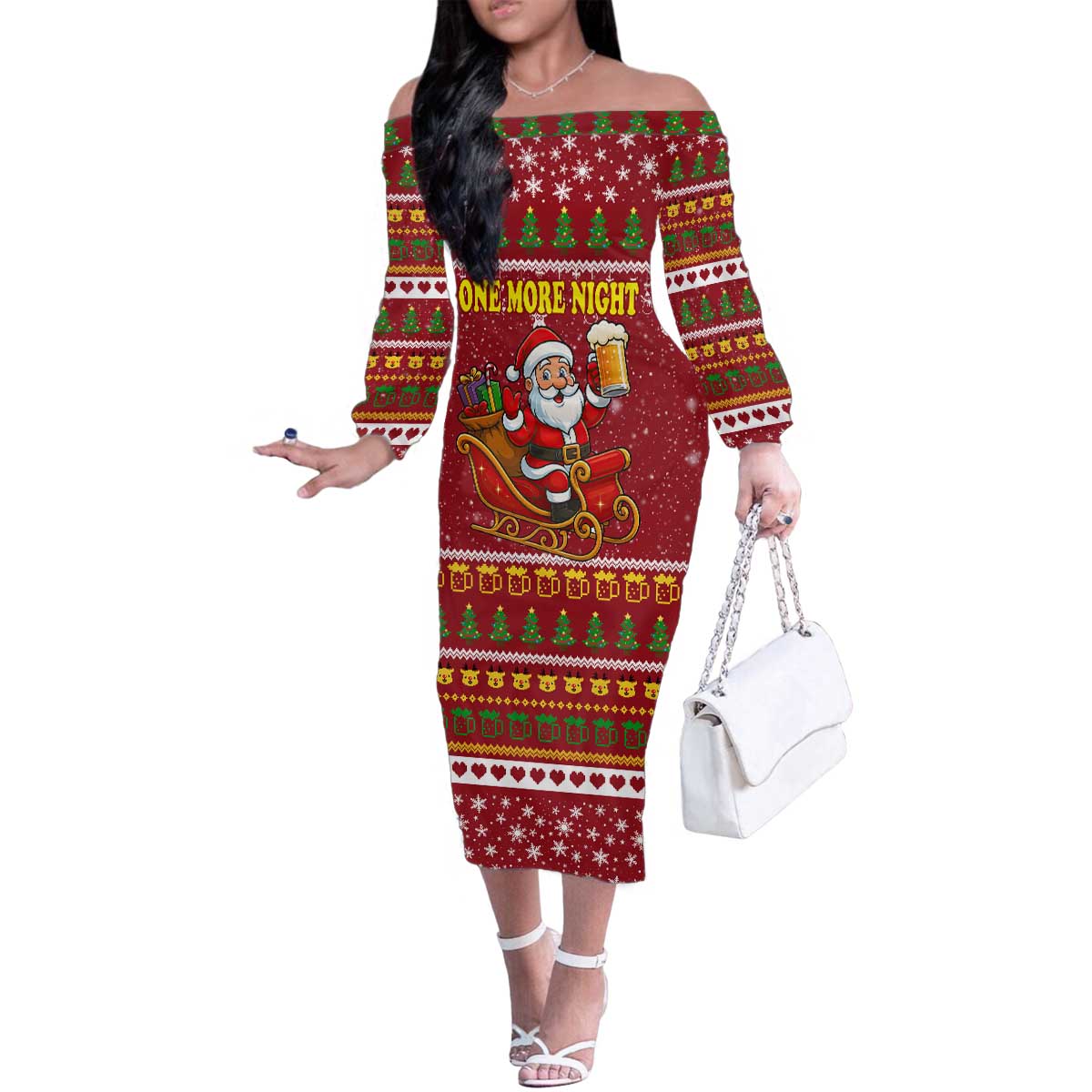 One More Night Santa Beer Christmas Family Matching Off The Shoulder Long Sleeve Dress and Hawaiian Shirt Xmas Holiday Patterns - Wonder Print Shop