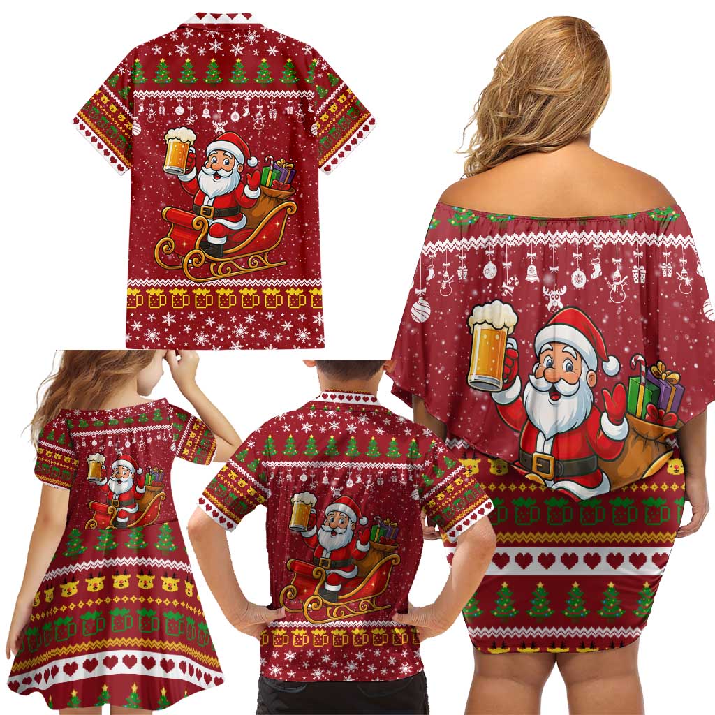 One More Night Santa Beer Christmas Family Matching Off Shoulder Short Dress and Hawaiian Shirt Xmas Holiday Patterns - Wonder Print Shop
