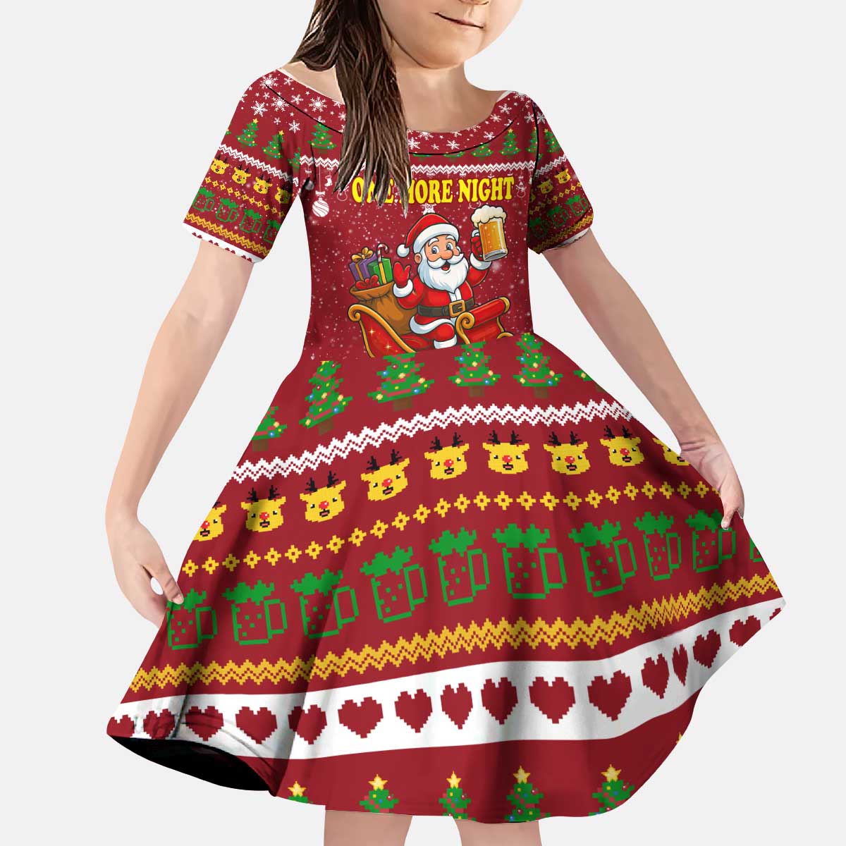 One More Night Santa Beer Christmas Kid Short Sleeve Dress Xmas Holiday Patterns - Wonder Print Shop