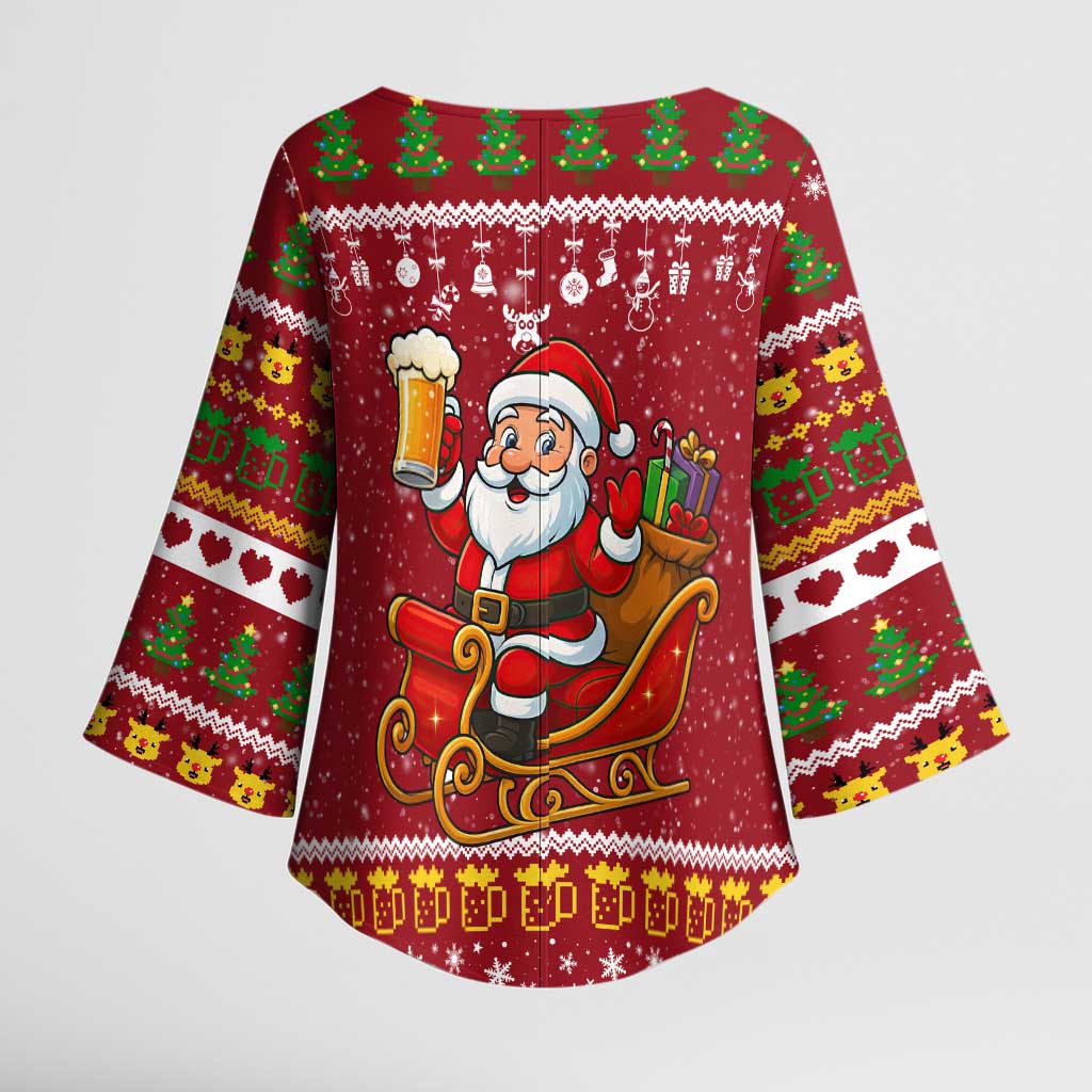 One More Night Santa Beer Christmas Kimono Sleeve Blouse Xmas Holiday Patterns - Wonder Print Shop