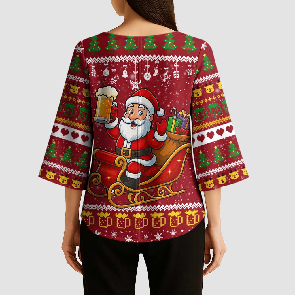 One More Night Santa Beer Christmas Kimono Sleeve Blouse Xmas Holiday Patterns - Wonder Print Shop