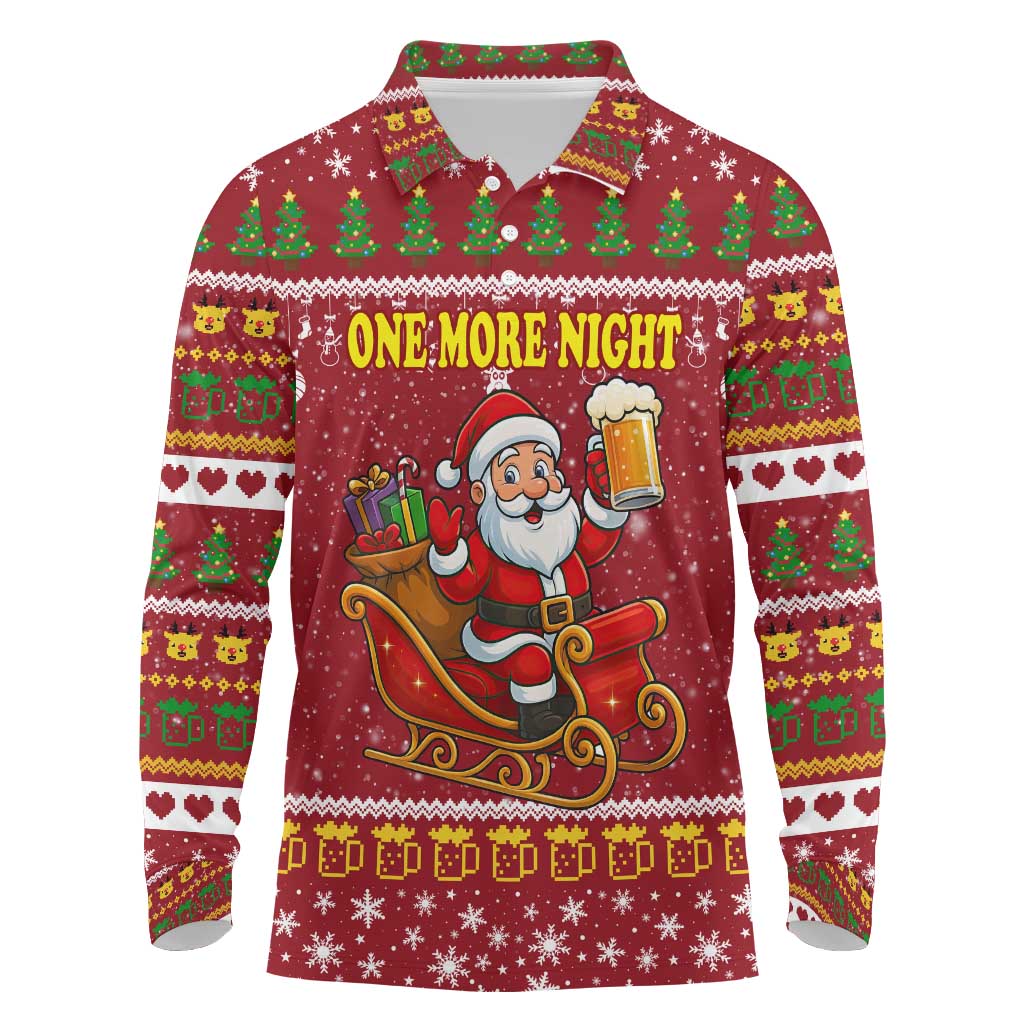 One More Night Santa Beer Christmas Long Sleeve Polo Shirt Xmas Holiday Patterns - Wonder Print Shop