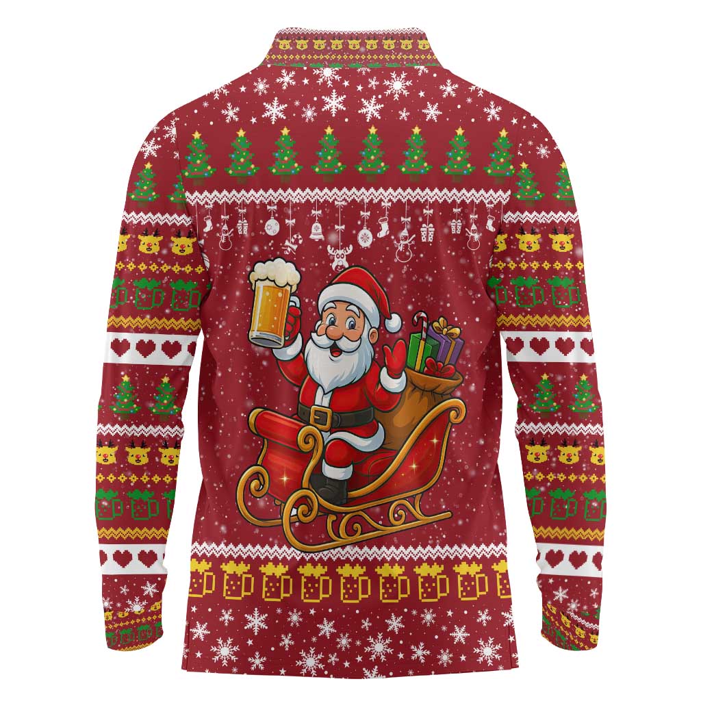One More Night Santa Beer Christmas Long Sleeve Polo Shirt Xmas Holiday Patterns - Wonder Print Shop