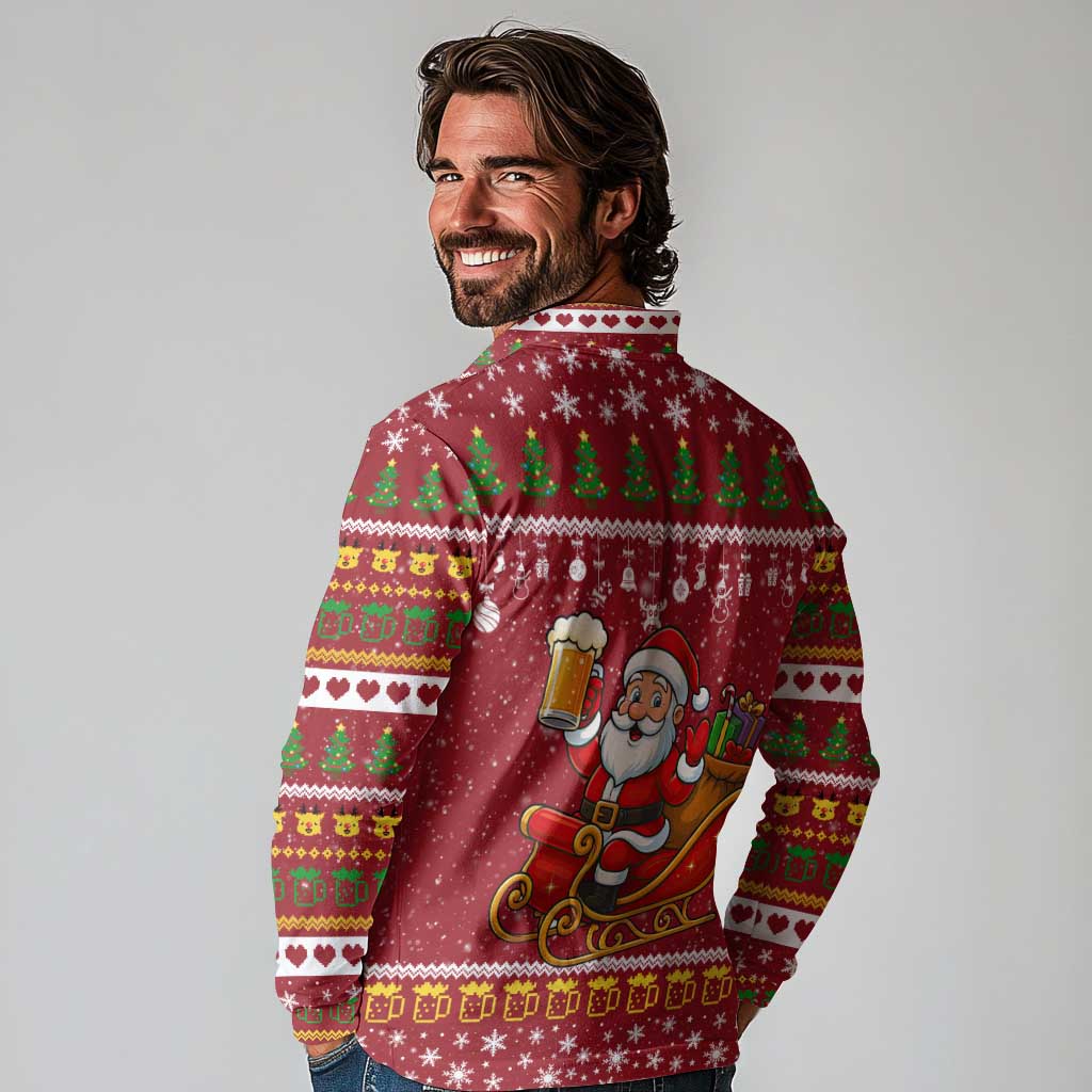 One More Night Santa Beer Christmas Long Sleeve Polo Shirt Xmas Holiday Patterns - Wonder Print Shop