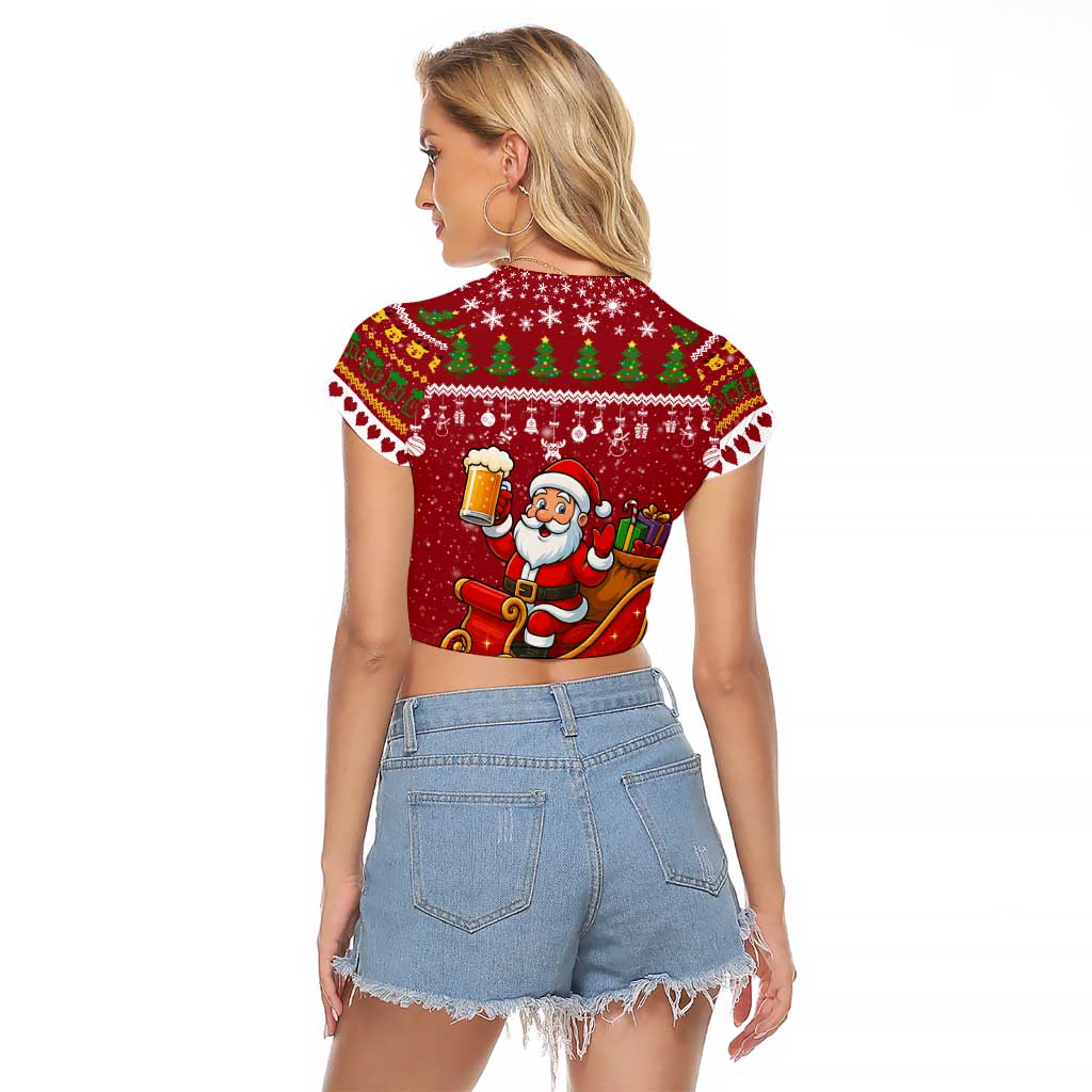 One More Night Santa Beer Christmas Raglan Cropped T Shirt Xmas Holiday Patterns - Wonder Print Shop
