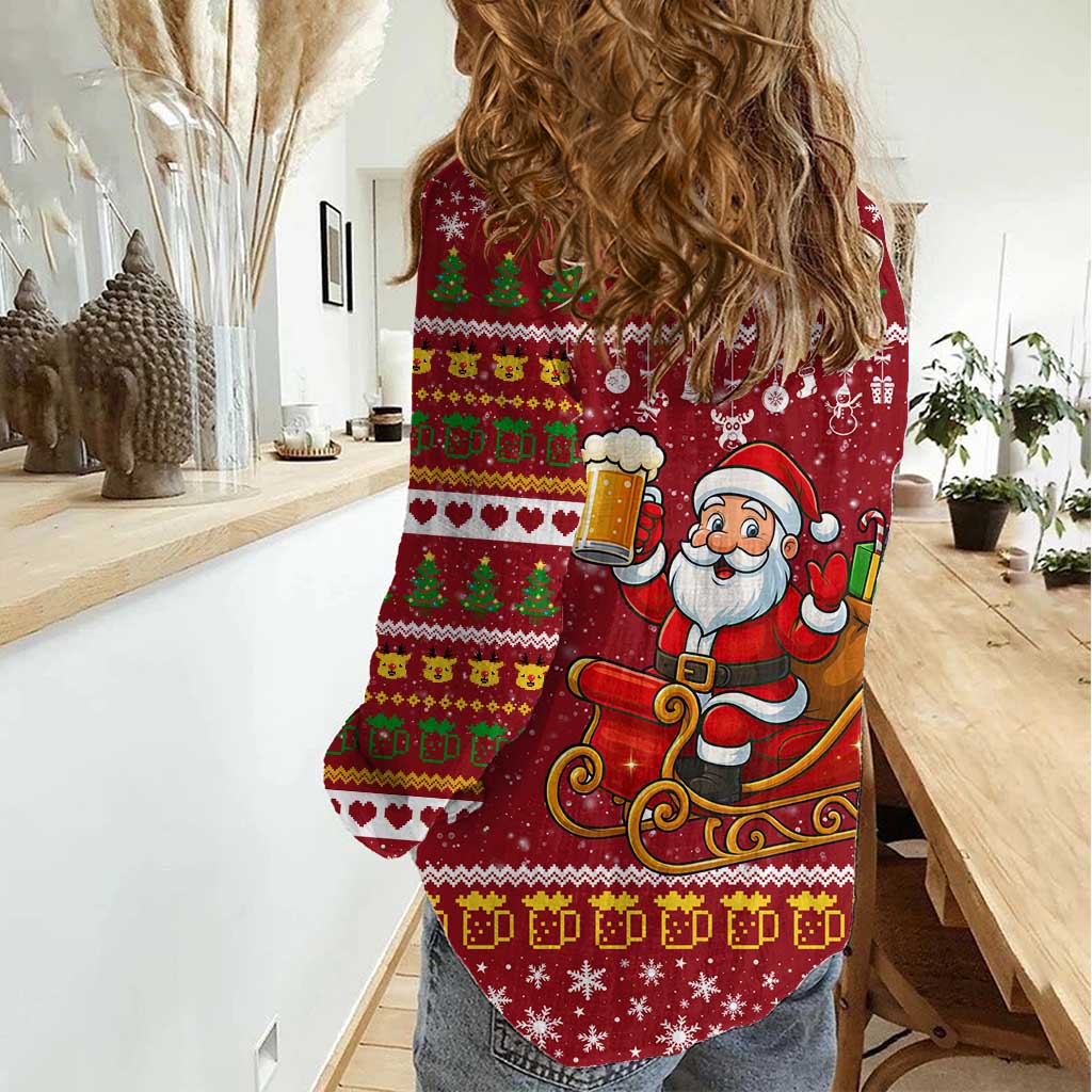 One More Night Santa Beer Christmas Women Casual Shirt Xmas Holiday Patterns - Wonder Print Shop