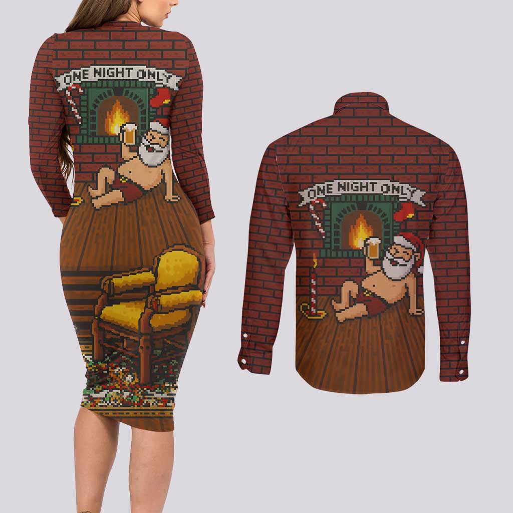 One Night Only Christmas Couples Matching Long Sleeve Bodycon Dress and Long Sleeve Button Shirt Xmas Holiday Patterns - Wonder Print Shop