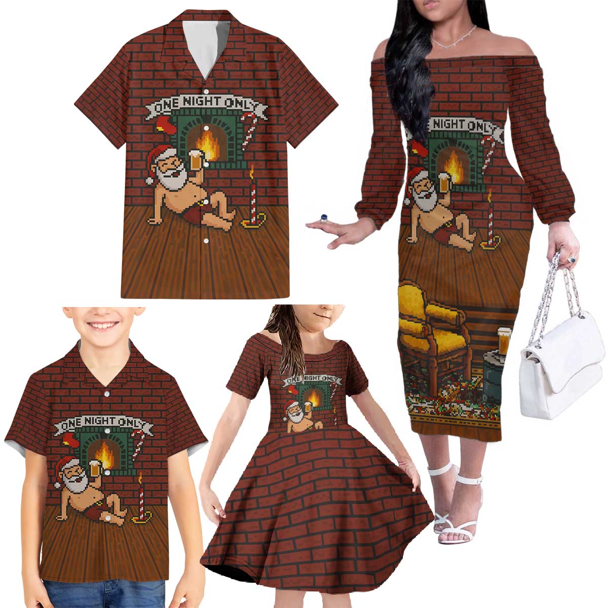 One Night Only Christmas Family Matching Off The Shoulder Long Sleeve Dress and Hawaiian Shirt Xmas Holiday Patterns - Wonder Print Shop