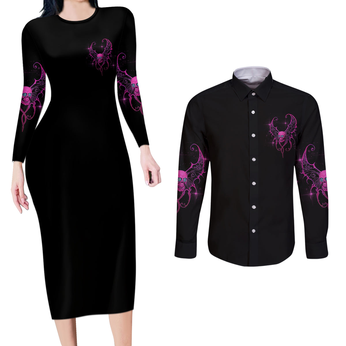 Karma Fairy Skul Couples Matching Long Sleeve Bodycon Dress and Long Sleeve Button Shirt - Wonder Print Shop