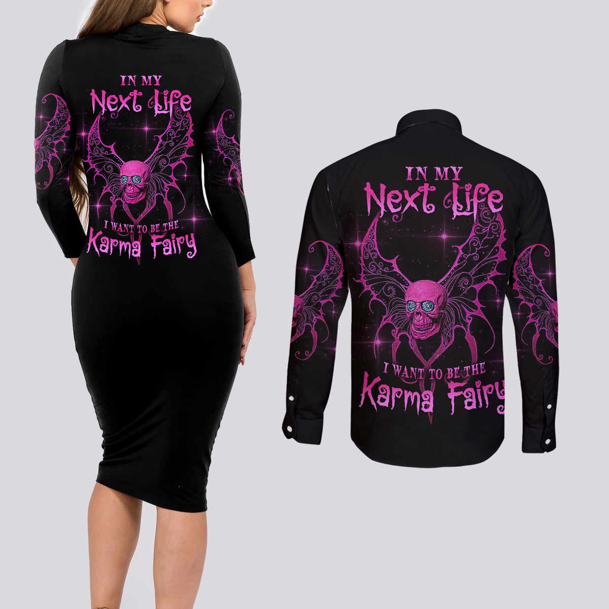 Karma Fairy Skul Couples Matching Long Sleeve Bodycon Dress and Long Sleeve Button Shirt - Wonder Print Shop