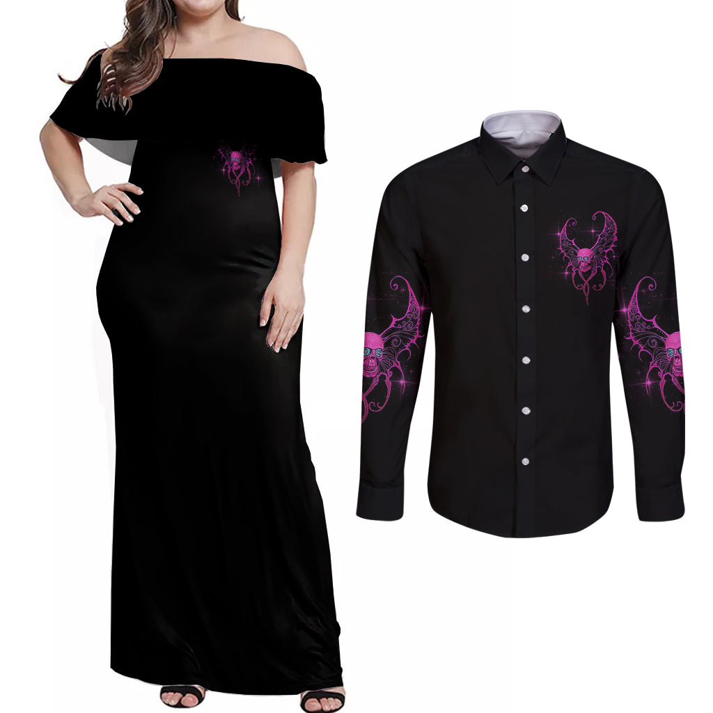 Karma Fairy Skul Couples Matching Off Shoulder Maxi Dress and Long Sleeve Button Shirt - Wonder Print Shop