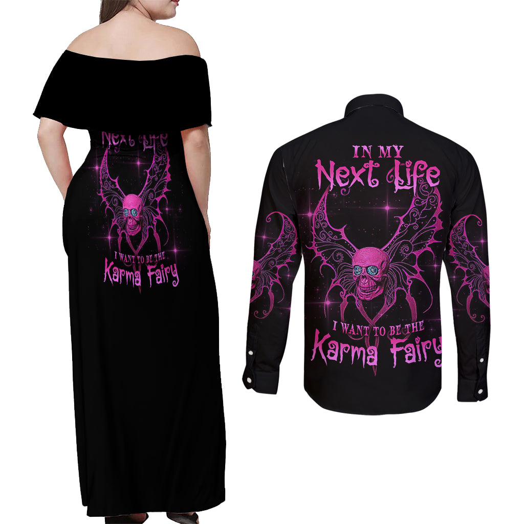 Karma Fairy Skul Couples Matching Off Shoulder Maxi Dress and Long Sleeve Button Shirt - Wonder Print Shop