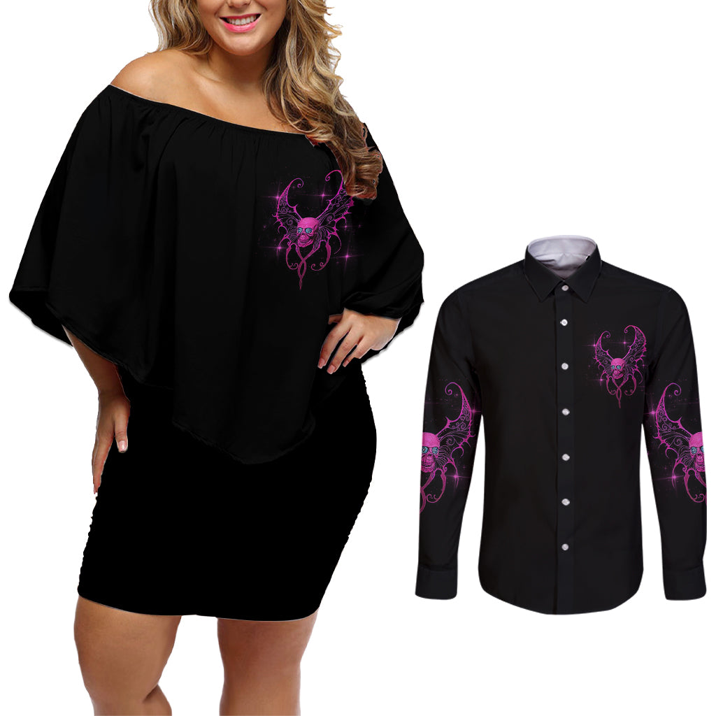 Karma Fairy Skul Couples Matching Off Shoulder Short Dress and Long Sleeve Button Shirt - Wonder Print Shop