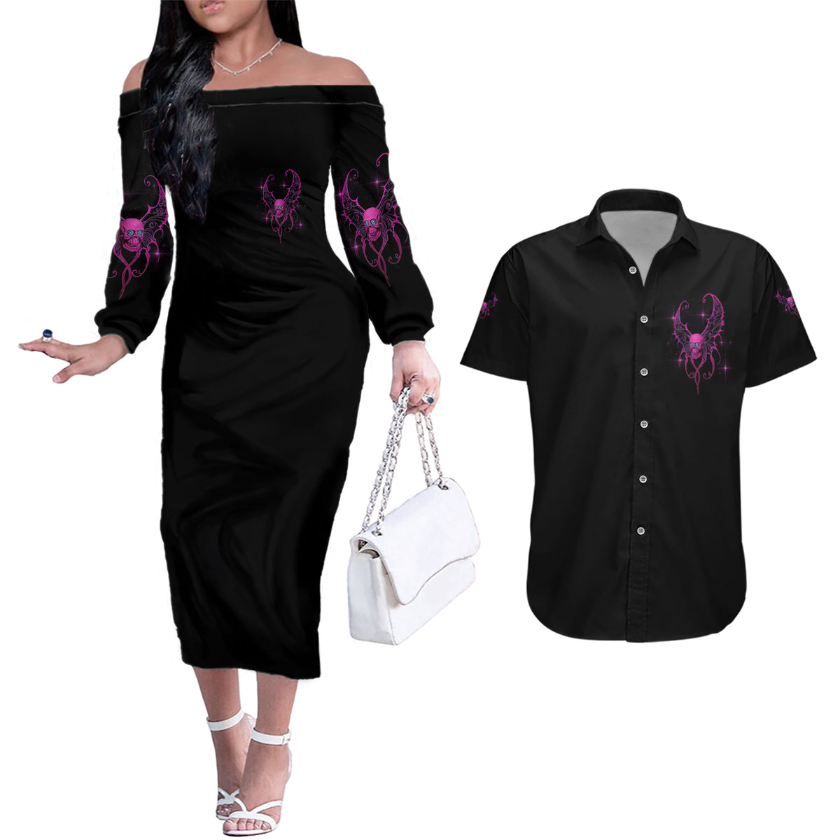 Karma Fairy Skul Couples Matching Off The Shoulder Long Sleeve Dress and Hawaiian Shirt - Wonder Print Shop