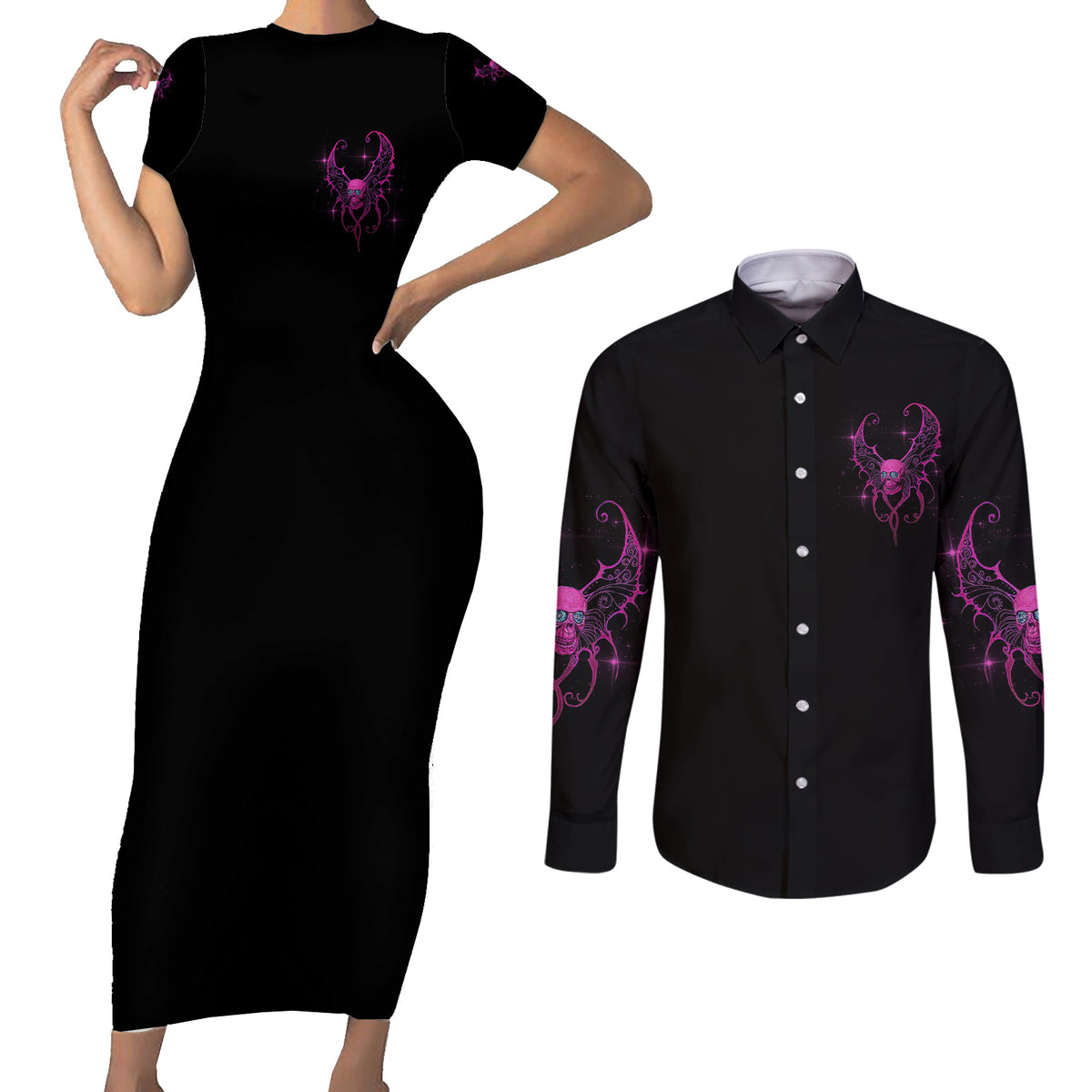 Karma Fairy Skul Couples Matching Short Sleeve Bodycon Dress and Long Sleeve Button Shirt - Wonder Print Shop
