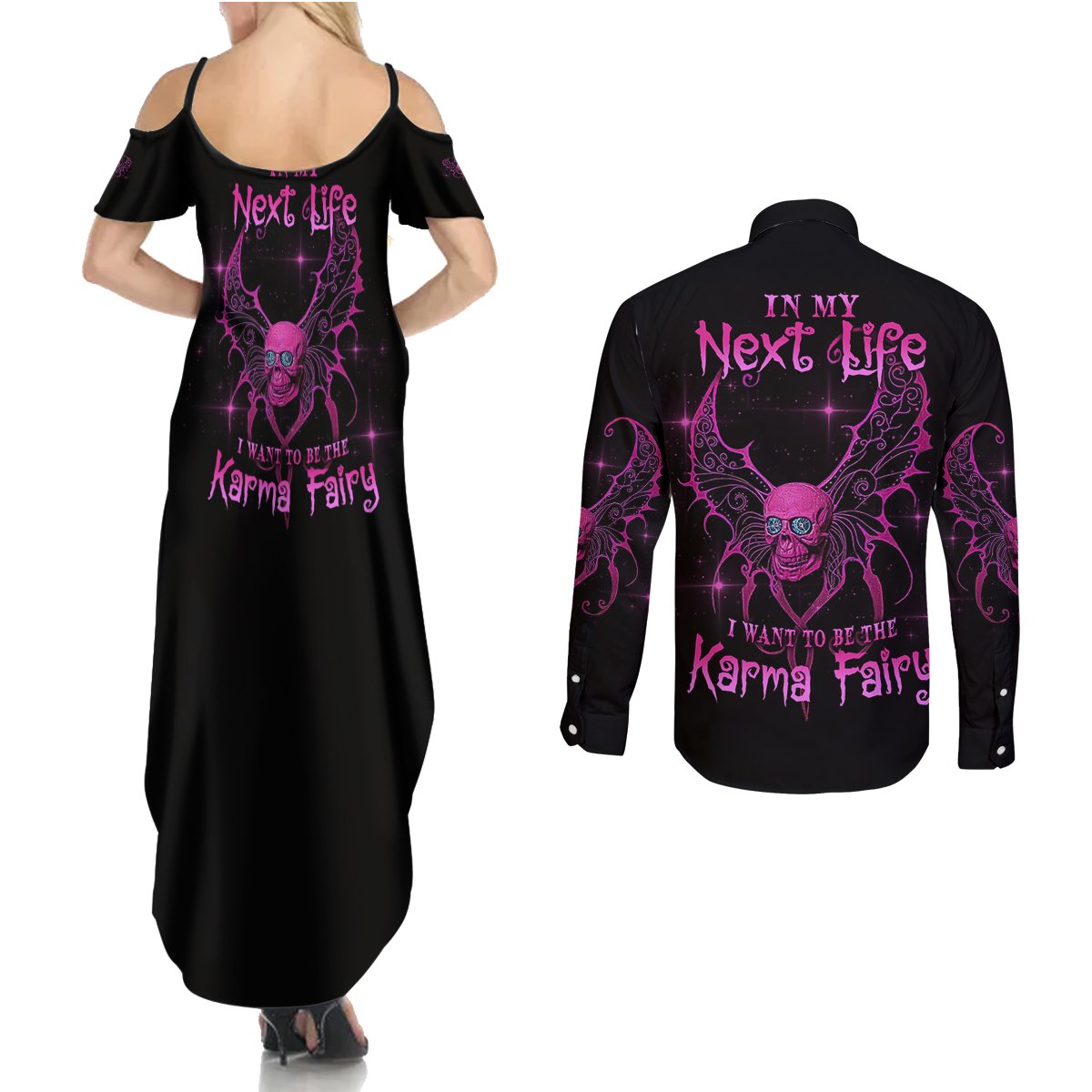 Karma Fairy Skul Couples Matching Summer Maxi Dress and Long Sleeve Button Shirt - Wonder Print Shop