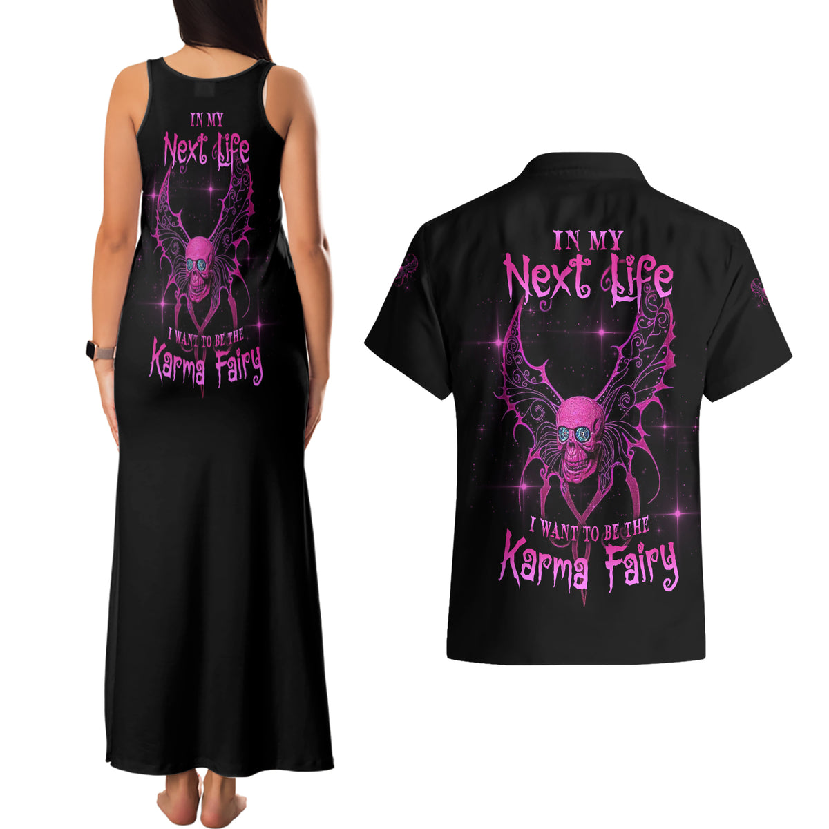 Karma Fairy Skul Couples Matching Tank Maxi Dress and Hawaiian Shirt - Wonder Print Shop