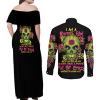 I Am A Sweet Girl But If You P Me O Sugar Skull Couples Matching Off Shoulder Maxi Dress and Long Sleeve Button Shirt - Wonder Print Shop