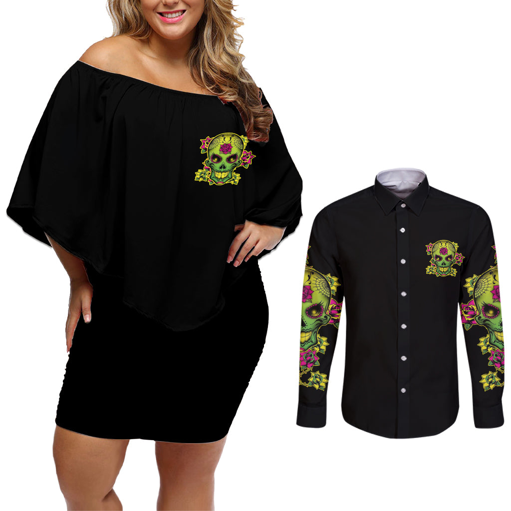 I Am A Sweet Girl But If You P Me O Sugar Skull Couples Matching Off Shoulder Short Dress and Long Sleeve Button Shirt - Wonder Print Shop