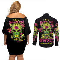 I Am A Sweet Girl But If You P Me O Sugar Skull Couples Matching Off Shoulder Short Dress and Long Sleeve Button Shirt - Wonder Print Shop