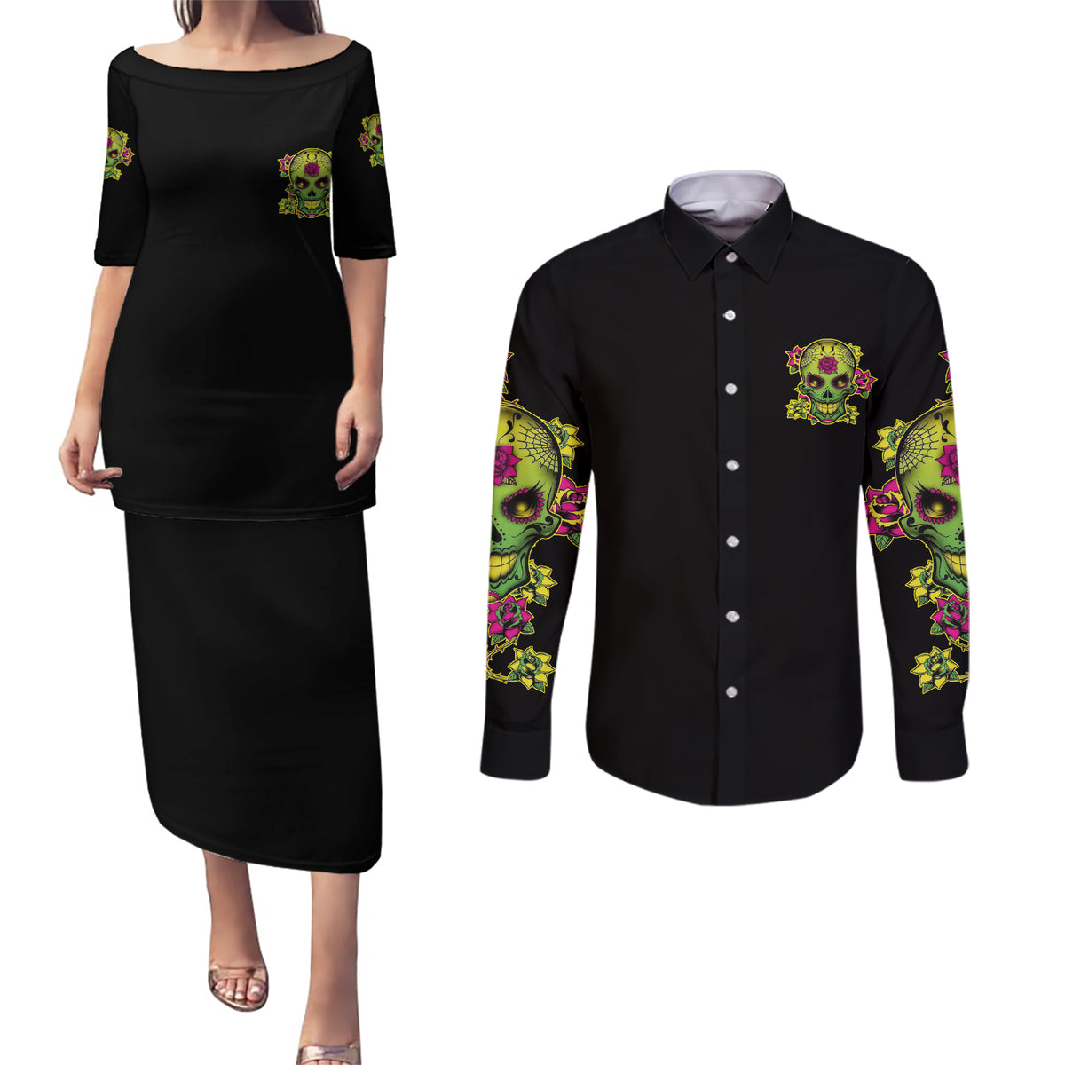 I Am A Sweet Girl But If You P Me O Sugar Skull Couples Matching Puletasi Dress and Long Sleeve Button Shirt - Wonder Print Shop