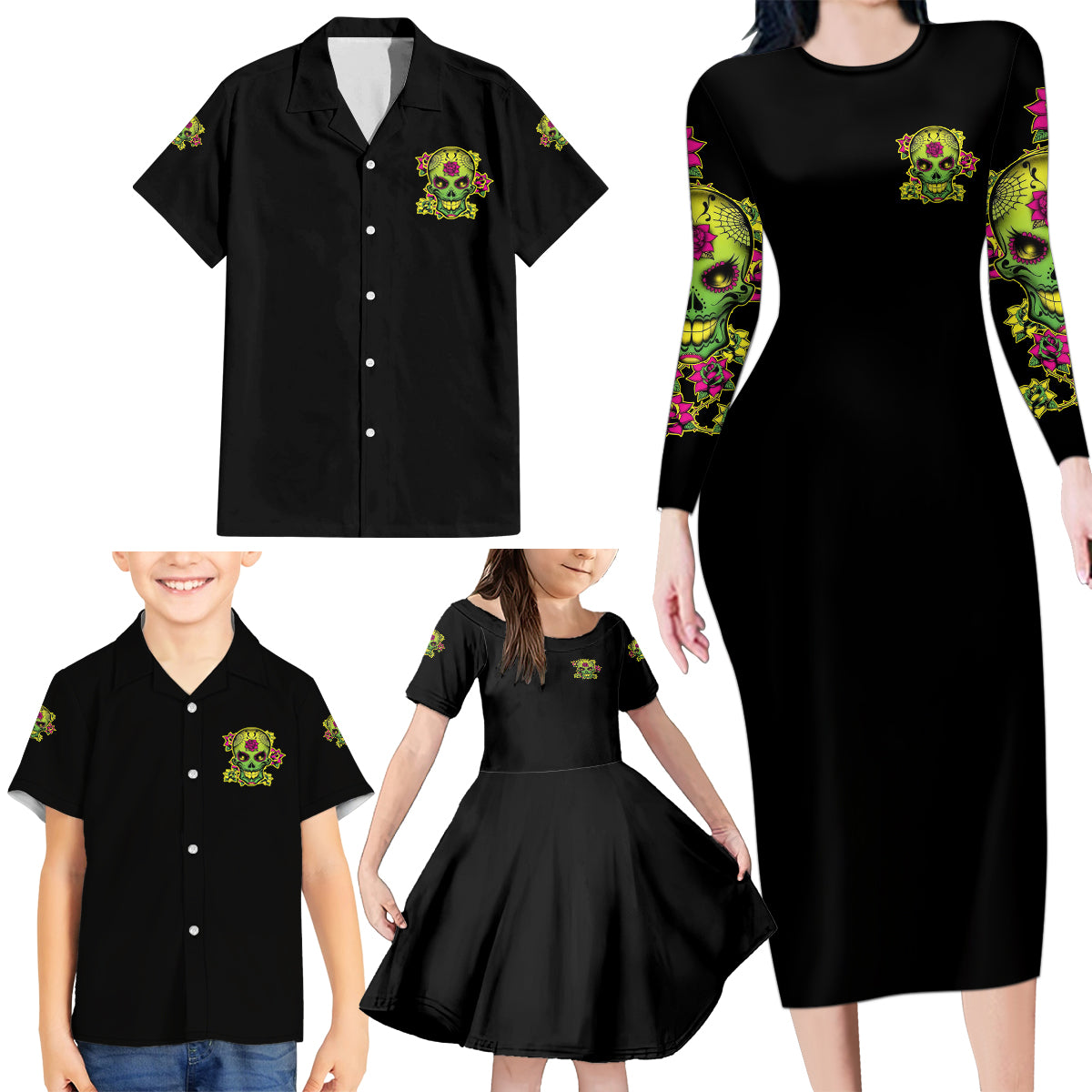 I Am A Sweet Girl But If You P Me O Sugar Skull Family Matching Long Sleeve Bodycon Dress and Hawaiian Shirt - Wonder Print Shop