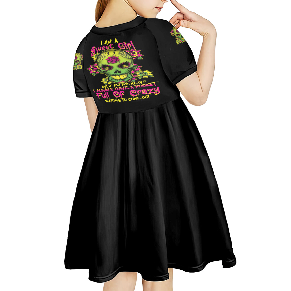 I Am A Sweet Girl But If You P Me O Sugar Skull Kid Short Sleeve Dress - Wonder Print Shop