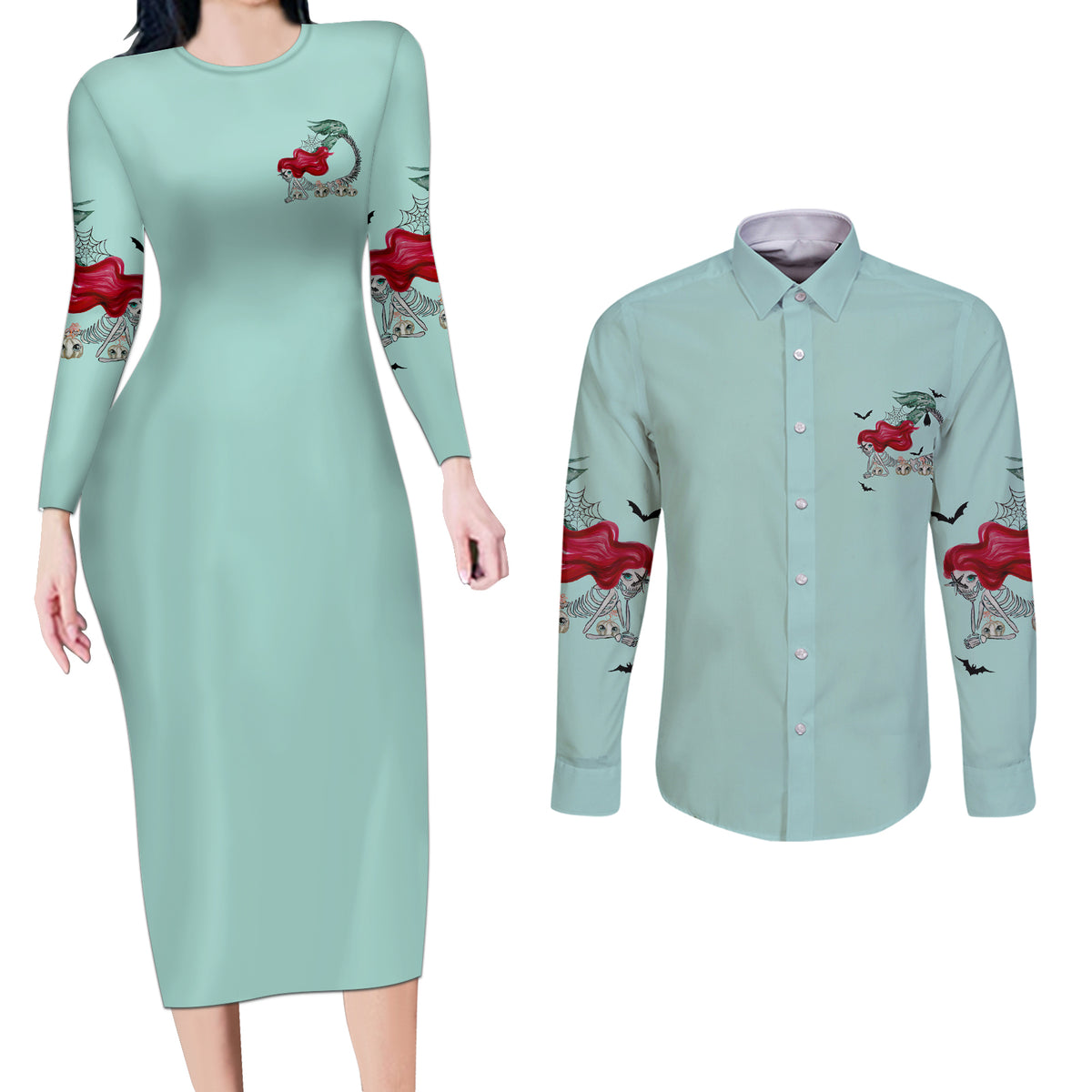 Salty Witch Mermaid Halloween Couples Matching Long Sleeve Bodycon Dress and Long Sleeve Button Shirt - Wonder Print Shop