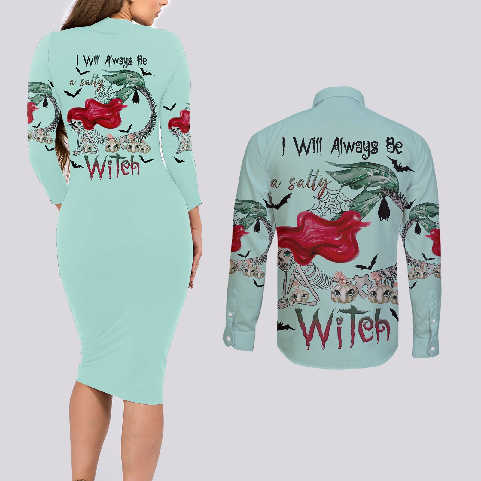 Salty Witch Mermaid Halloween Couples Matching Long Sleeve Bodycon Dress and Long Sleeve Button Shirt - Wonder Print Shop
