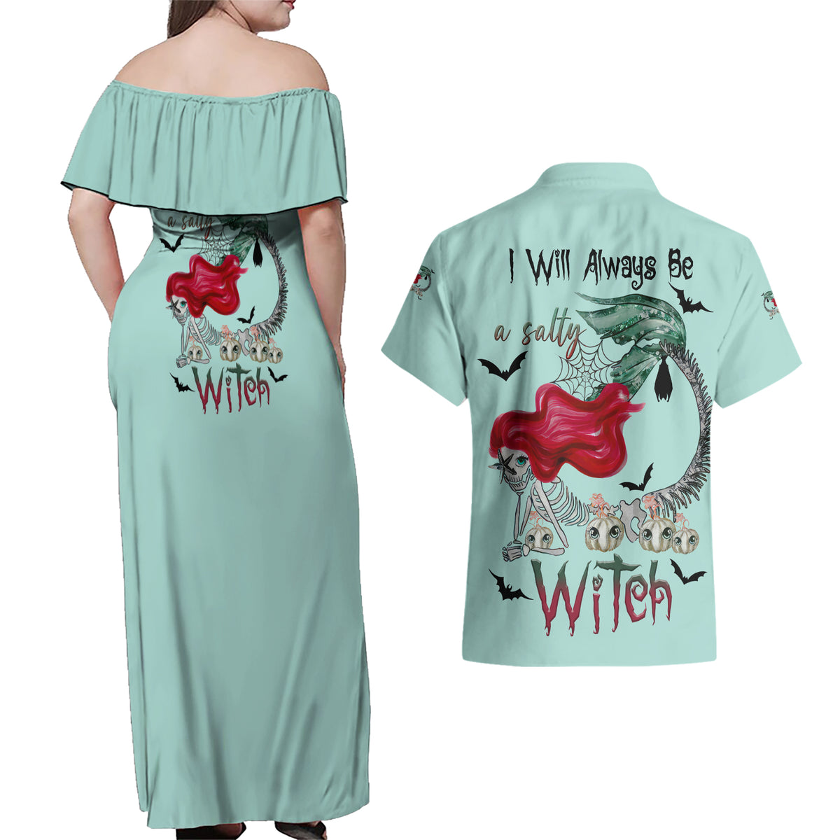 Salty Witch Mermaid Halloween Couples Matching Off Shoulder Maxi Dress and Hawaiian Shirt - Wonder Print Shop