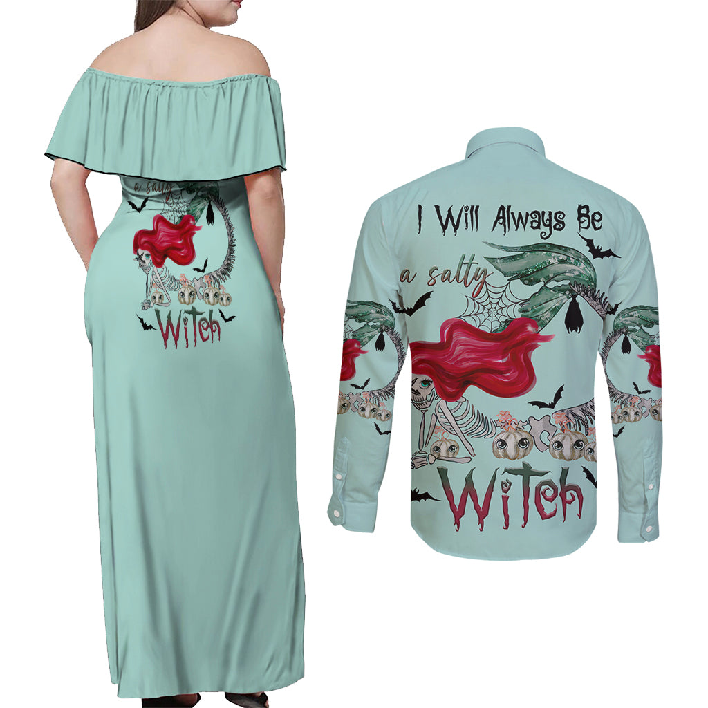 Salty Witch Mermaid Halloween Couples Matching Off Shoulder Maxi Dress and Long Sleeve Button Shirt - Wonder Print Shop