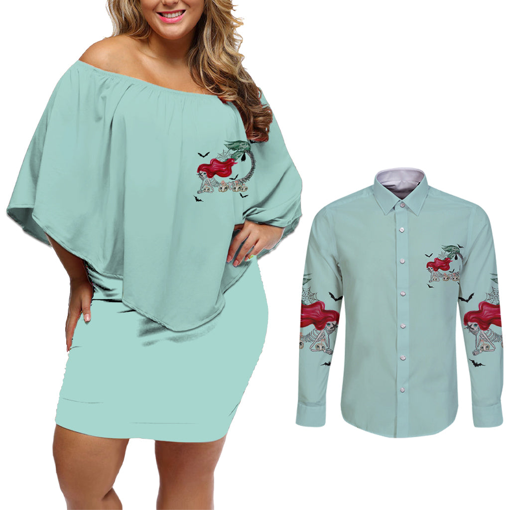 Salty Witch Mermaid Halloween Couples Matching Off Shoulder Short Dress and Long Sleeve Button Shirt - Wonder Print Shop