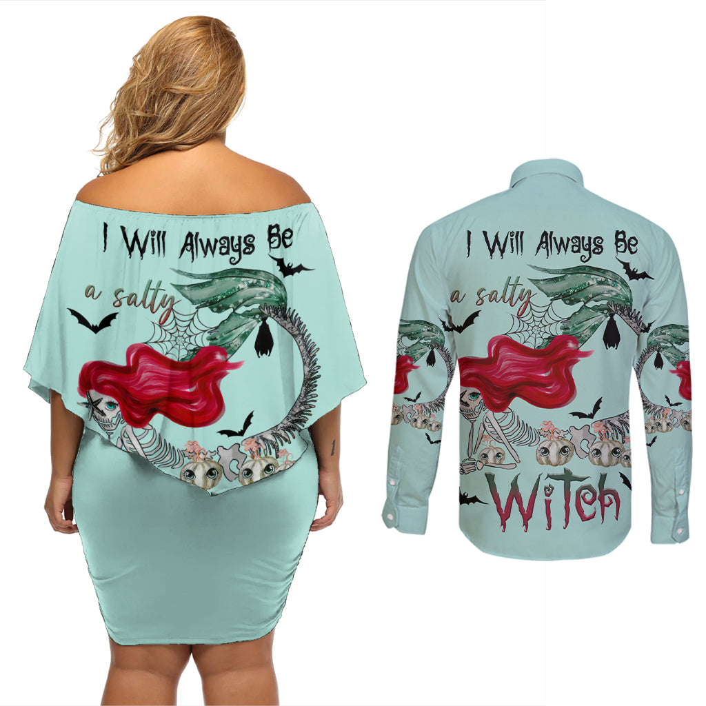 Salty Witch Mermaid Halloween Couples Matching Off Shoulder Short Dress and Long Sleeve Button Shirt - Wonder Print Shop