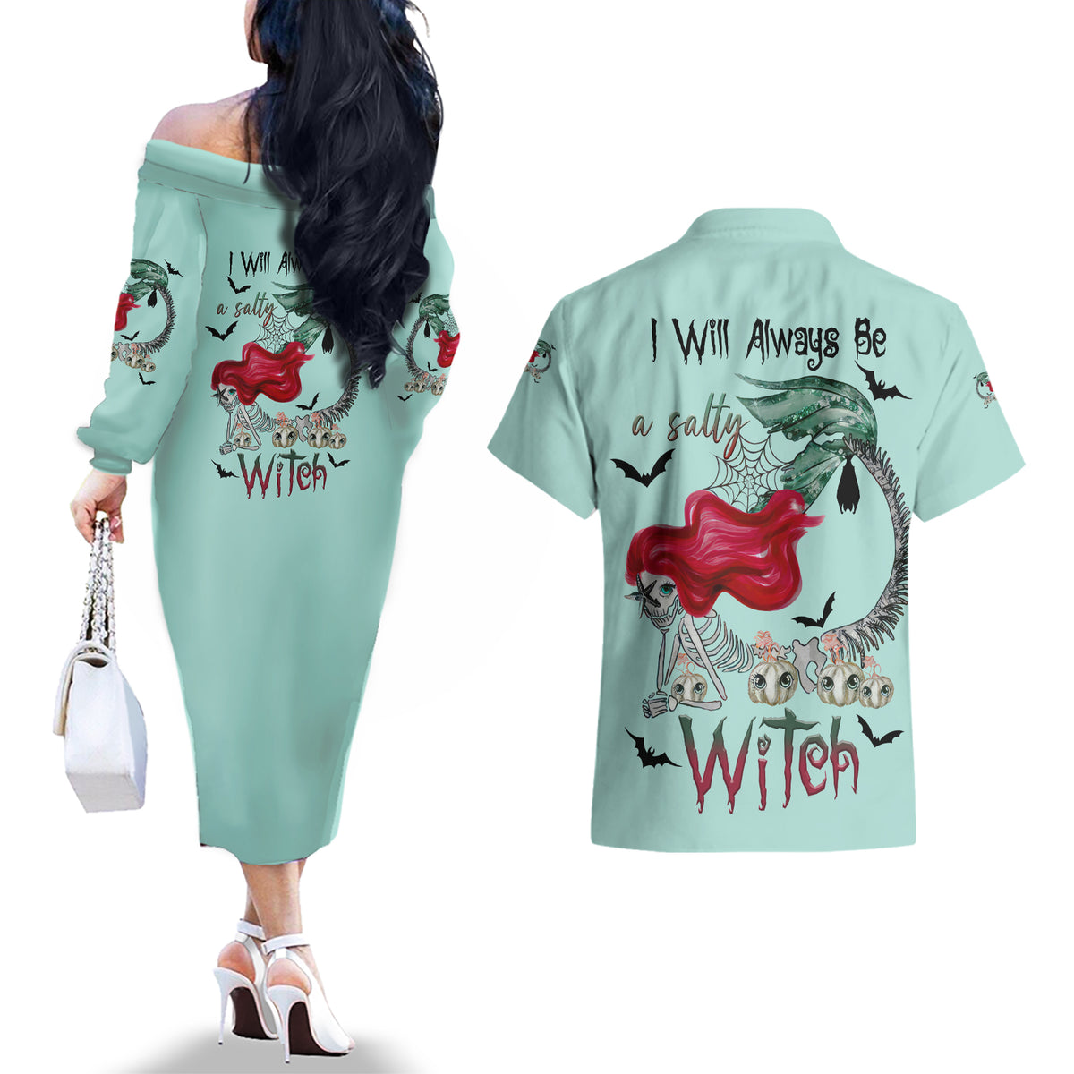 Salty Witch Mermaid Halloween Couples Matching Off The Shoulder Long Sleeve Dress and Hawaiian Shirt - Wonder Print Shop