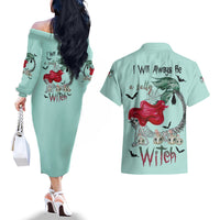 Salty Witch Mermaid Halloween Couples Matching Off The Shoulder Long Sleeve Dress and Hawaiian Shirt - Wonder Print Shop