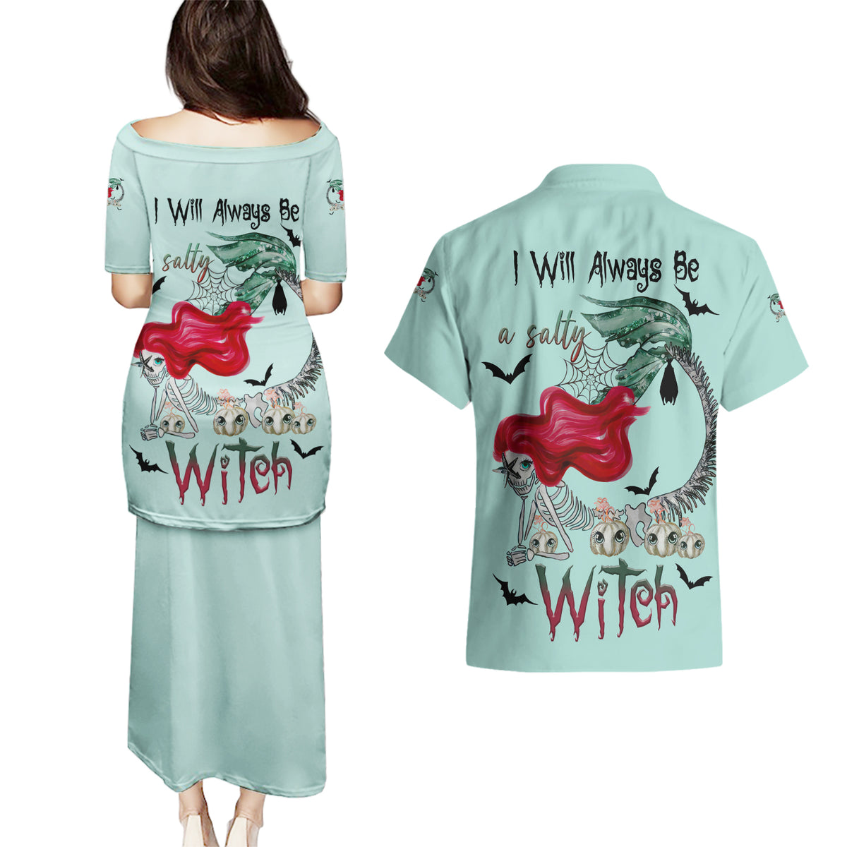 Salty Witch Mermaid Halloween Couples Matching Puletasi Dress and Hawaiian Shirt - Wonder Print Shop